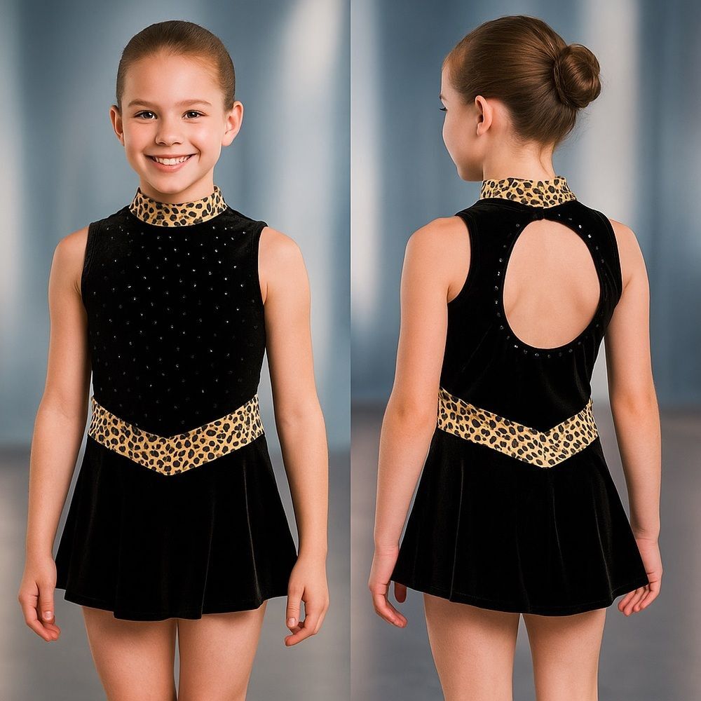 Rebel Skate Gear Black Leopard Velvet Dance Costume Girls L Sparkle Rhinestones